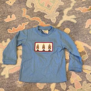 Blue Long Sleeve Kids Tee with Nutcracker Smocked Design